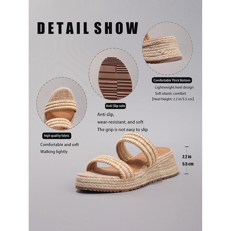 Hemp Rope Slope Heel Platform Sandals Women's Woven Straw Rope Word with Casual Summer Casual Flat Slippers Versatile Fashion