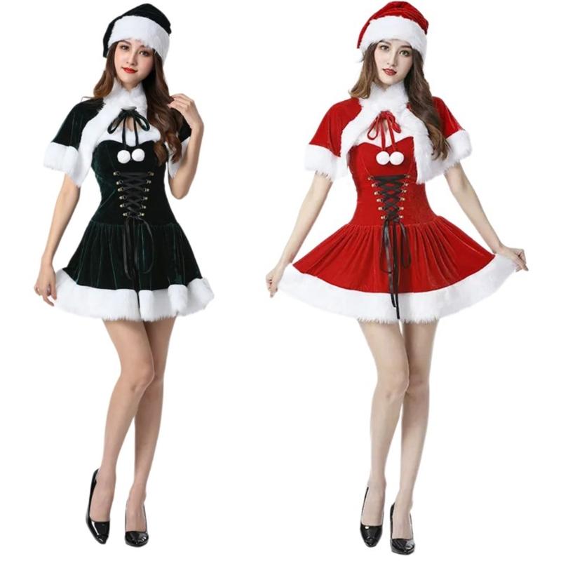 Christmas Costume Accessories Set with Christmas Dress Christmas Hat and Shawl Women Christmas Santa Dress up Outfits