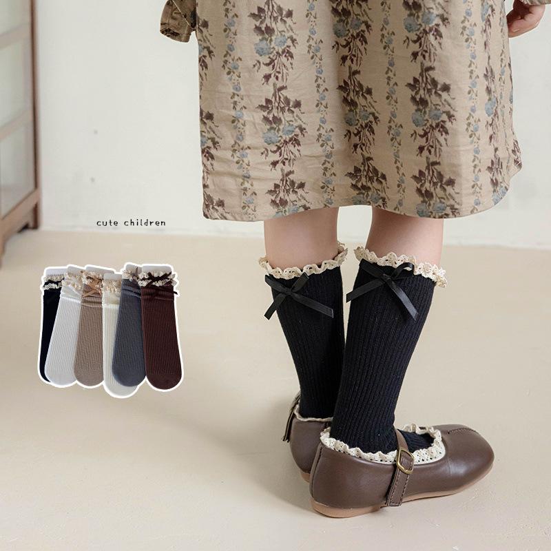 Księżniczka Urocza Młodsza Dziecięca Skarpetka dla Dziewczynki Retro Koronka Falbanka Kokarda Podkolanówka dla Dzieci Wiosna Jesień Miękka Bawełna Frotte Skarpetka Szkolna