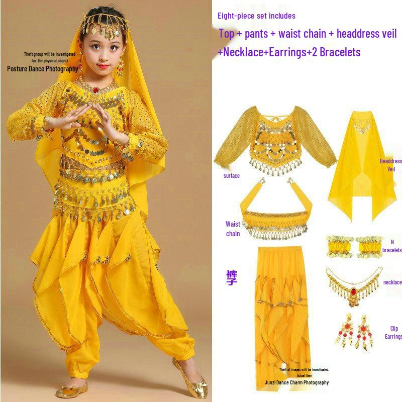 Costume da Danza Indiana per Bambini: Costume per Esibizione di Danza del Ventre e Minoranze dello Xinjiang per Bambina