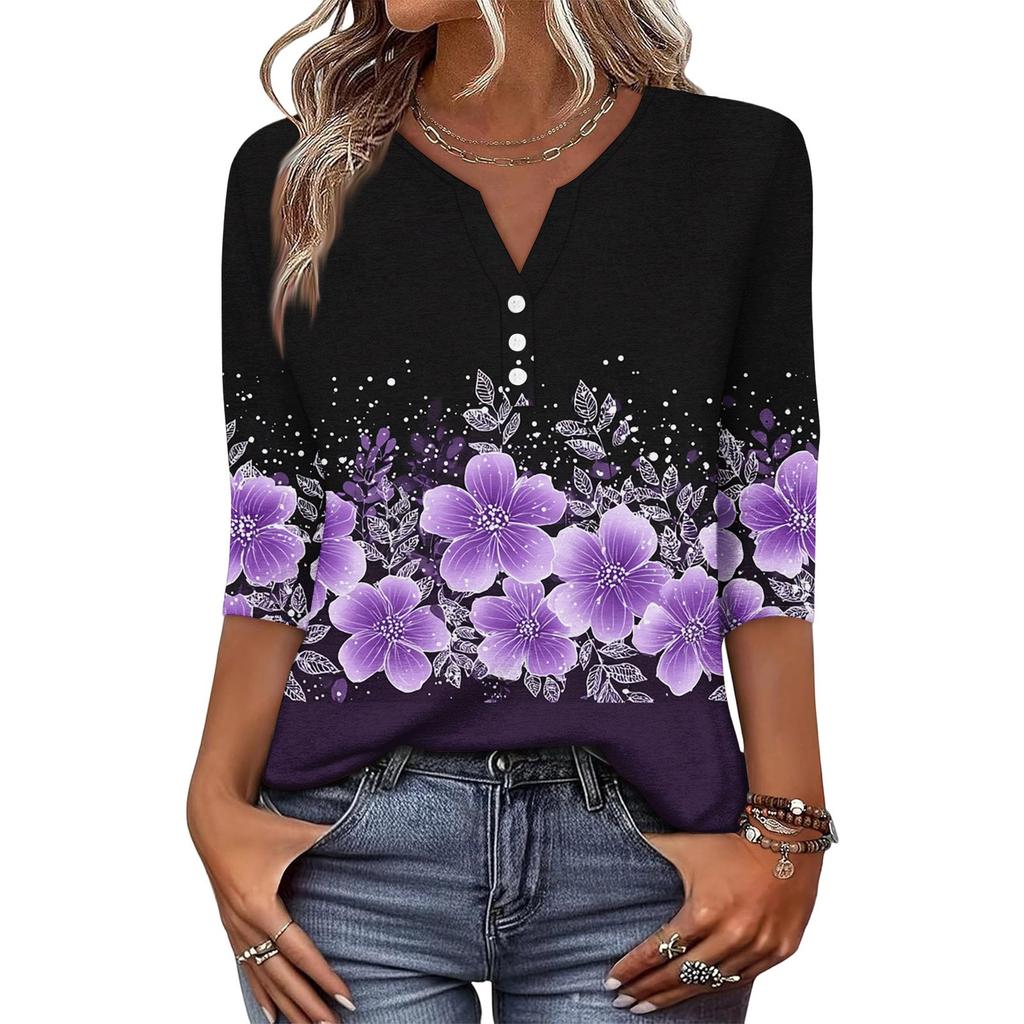 Women's Fashionable Casual Retro Floral Print V-Neck Button-Down Three-Quarter Sleeve T-Shirt Top