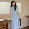 **2025 Summer Blue Plaid Sleeveless Polo Collar Slim Waist Vest Dress**