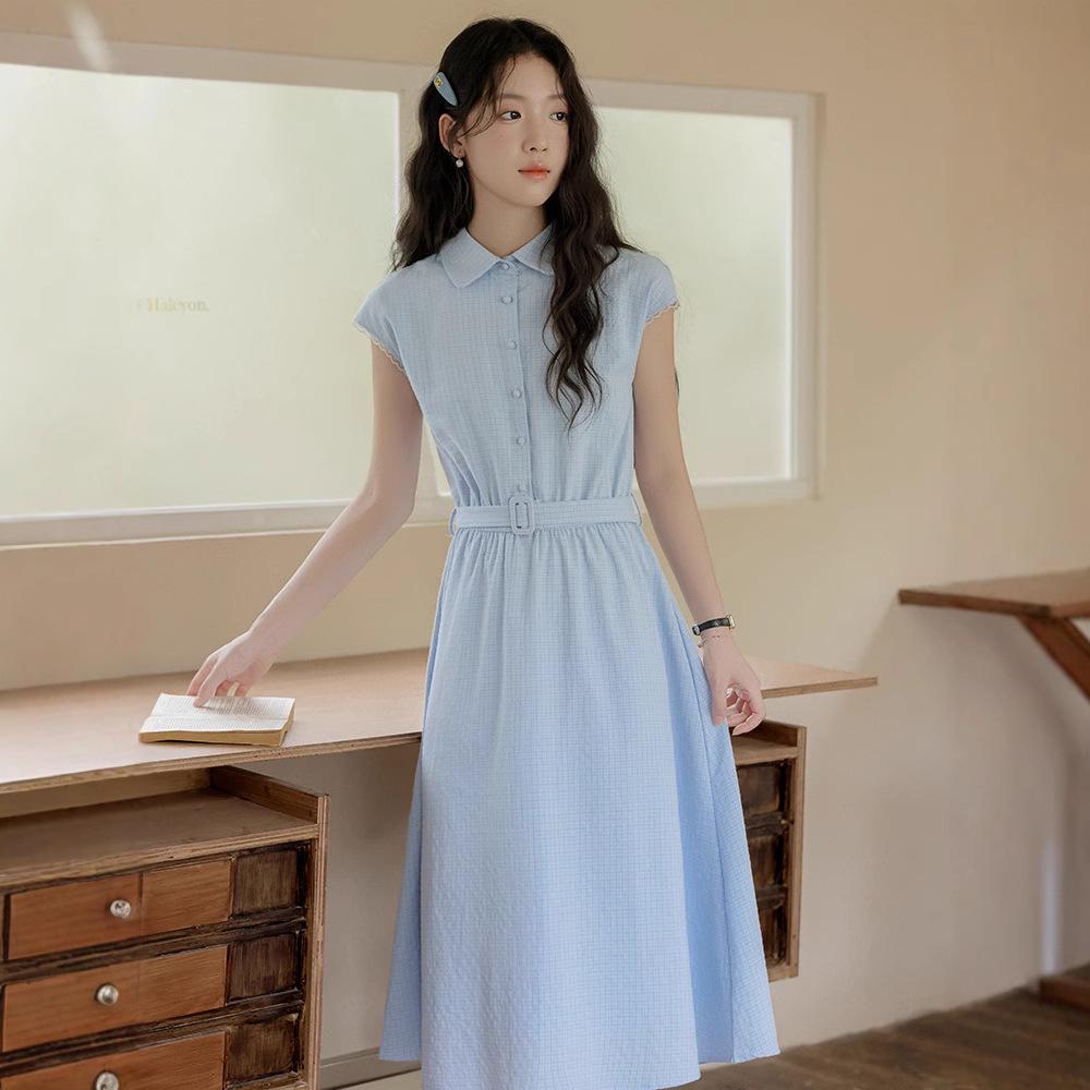 **2025 Summer Blue Plaid Sleeveless Polo Collar Slim Waist Vest Dress**