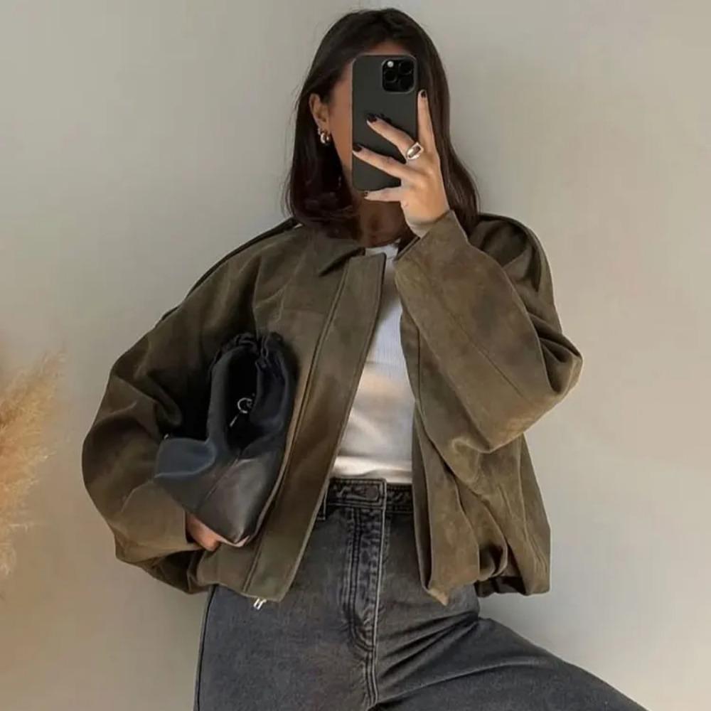 Women Suede Jacket Loose Casual Bomber Coat Lapel Zipper Long Sleeve Jackets Vintage Lady Motorcycle Outwears