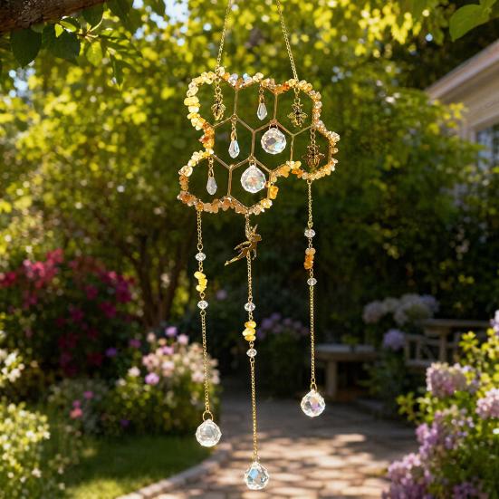 Yousheng Honeycomb Crystals Suncatcher, Window Hanging Pendants, Sun Catcher with Crystal Prisms, Sparkling Wind Chimes, Home Indoor Outdoor Garden