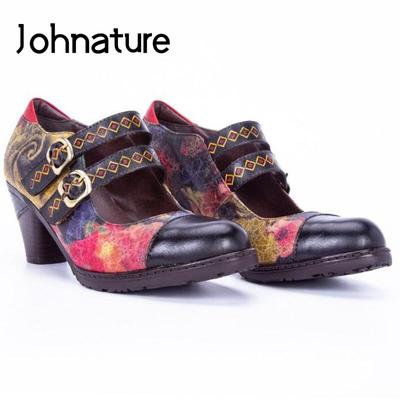 Pumps Women Shoes Genuine Leather High Heels Round Toe Casual Buckle Strap Platform Ladies Shoes