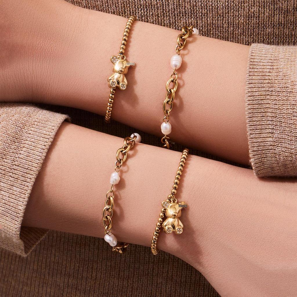 Cubic Zirconia Bear Pendant Bead Bracelet - Simple Fashion Design, Stainless Steel Jewelry