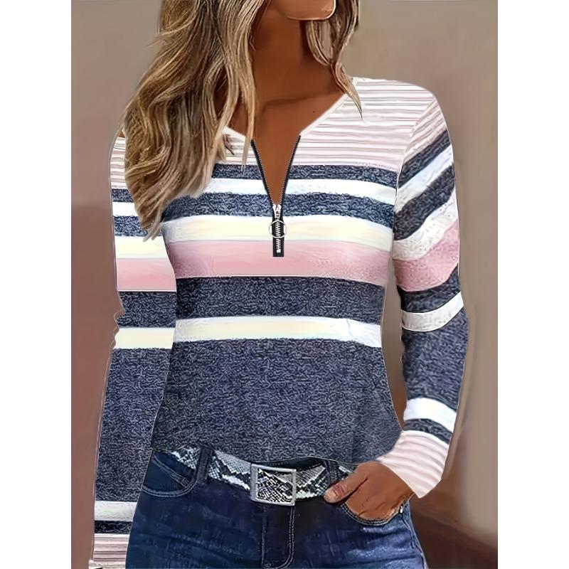 Elegant Striped Zipper Fashionable Long Sleeved T-shirt S