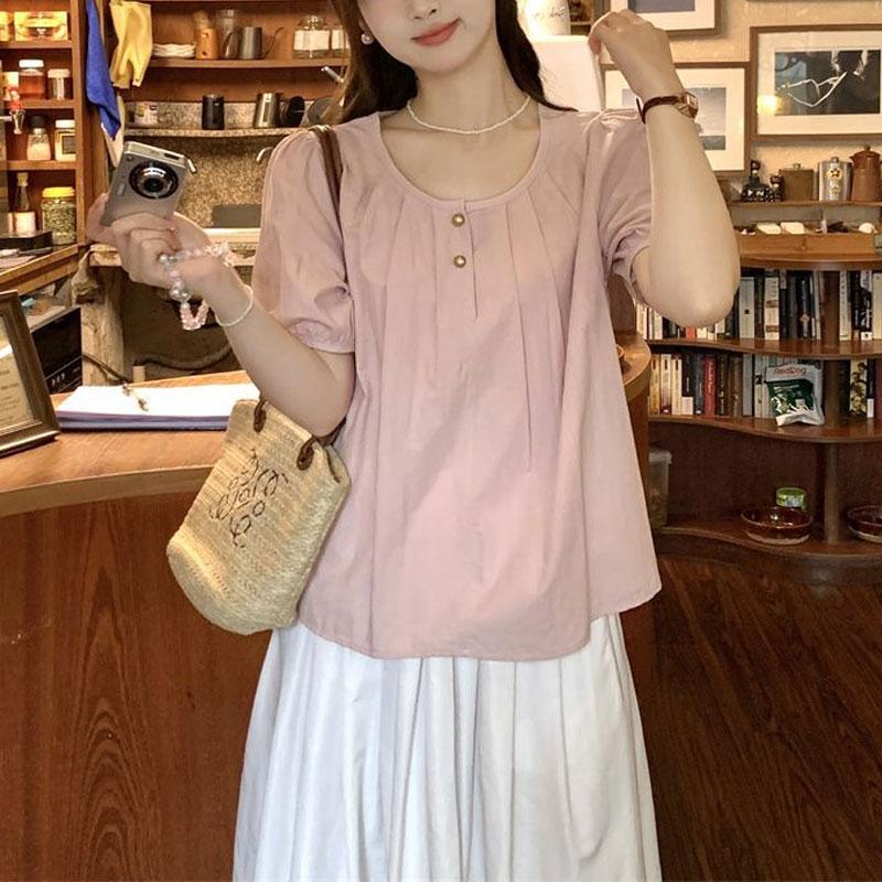 

Сладкий французский летний дизайн Новая блузка с пышными короткими рукавами однотонная свободного кроя M розовый