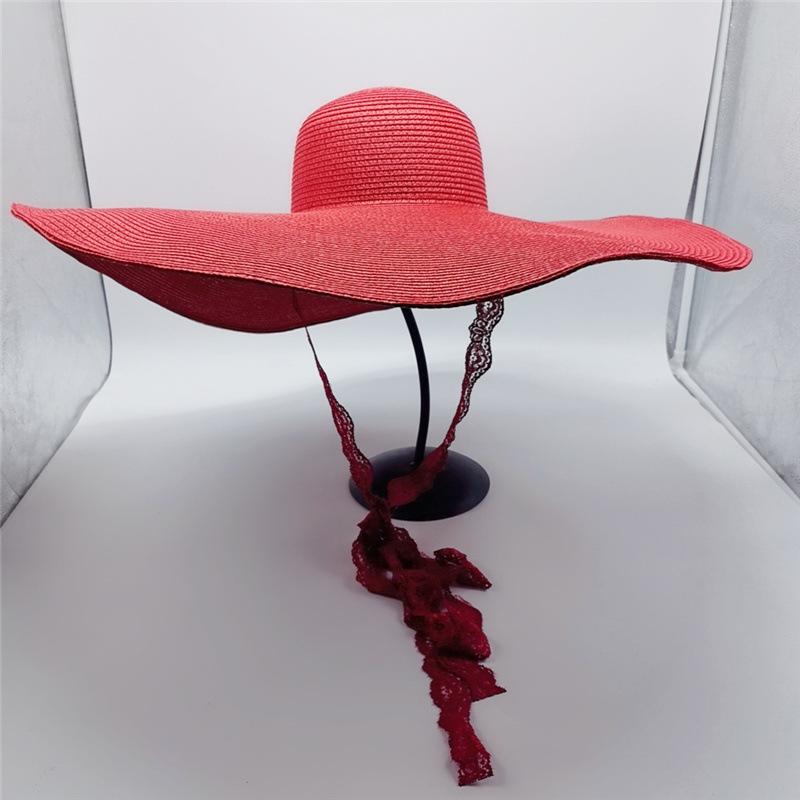 Summer 2022 New Red Large Eaves Lace Strap Ladies Beach Hat Sun Shade Straw Hat 23cm Collapsible Oversized Beach Hat