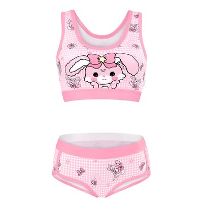 [LittleForBig] Women's 2-Piece Bralette Set (Rabbit and Ribbon Pattern) Plaid Camisole and Panties, U-Neck, Smooth and Silky Texture, Pink, Size S