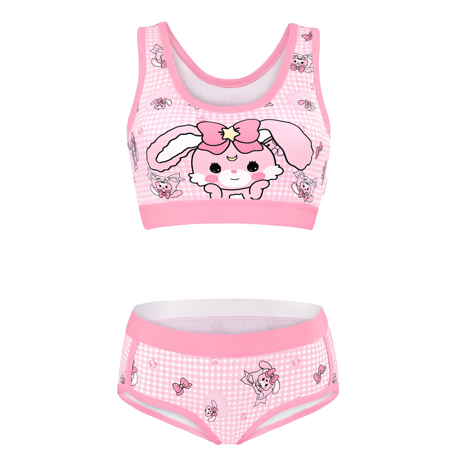 

[LittleForBig] Women s 2-Piece Bralette Set (Rabbit and Ribbon Pattern) Plaid Camisole and Panties, U-Neck, Smooth and Silky Texture, Pink, Size S