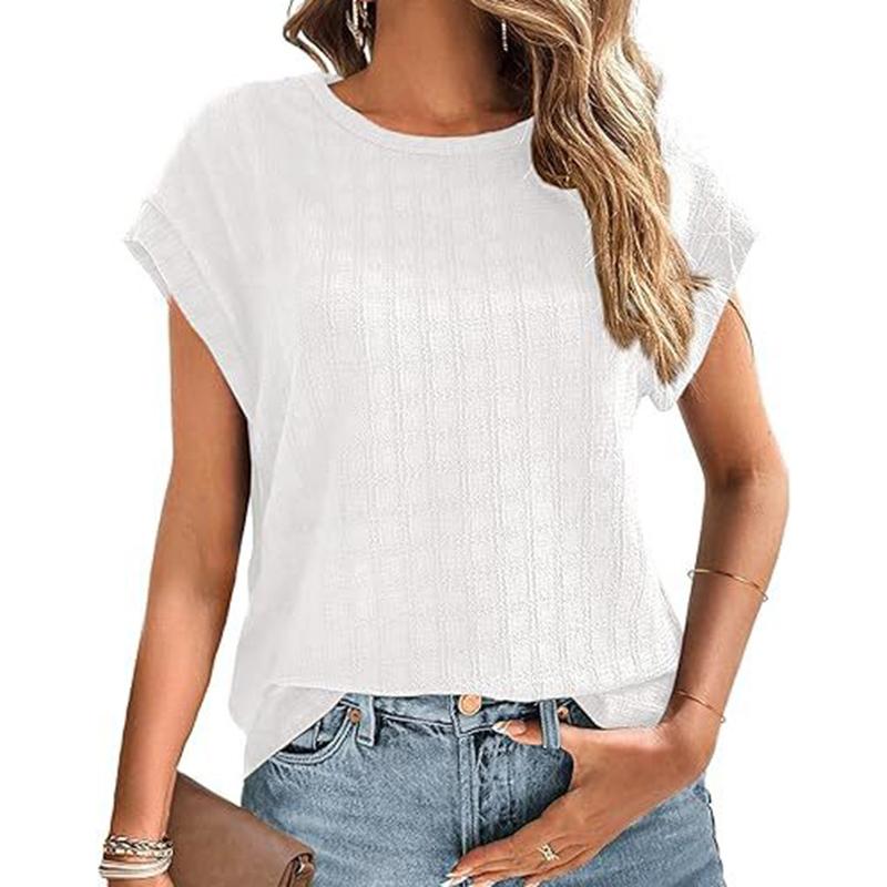Ladies Summer Short Sleeve O Neck Solid Color Jacquard Plaid Pullover T Shirt Top