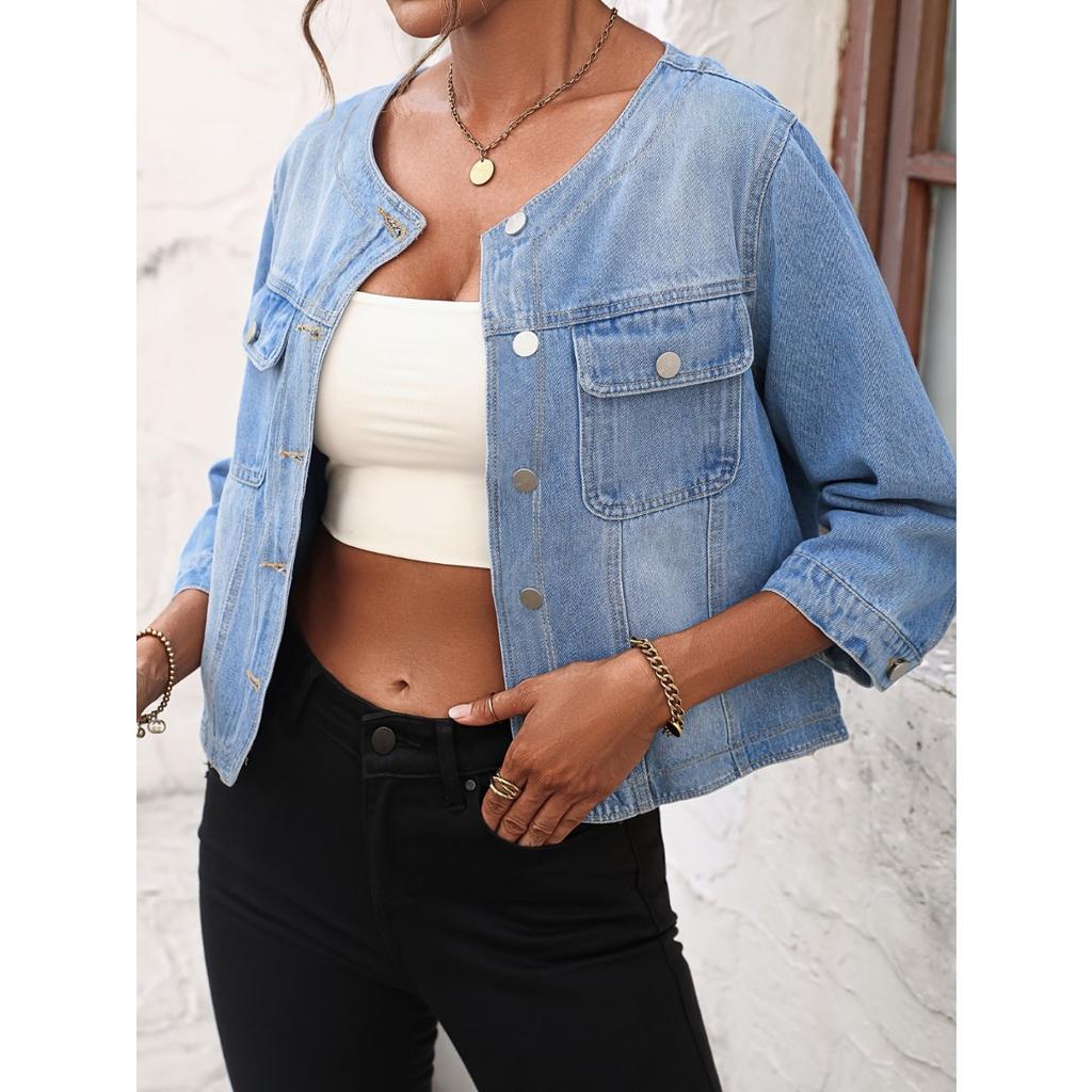 Cowboy Rundhalsjacke mit Knöpfen, Unifarben, Nicht elastisch, Elegant, Trendig, Geeignet für alle Jahreszeiten