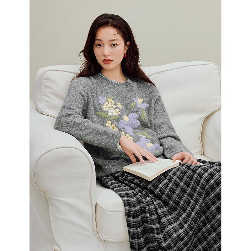 INMAN Women's Dark Heather Grey Embroidered Knit Sweater