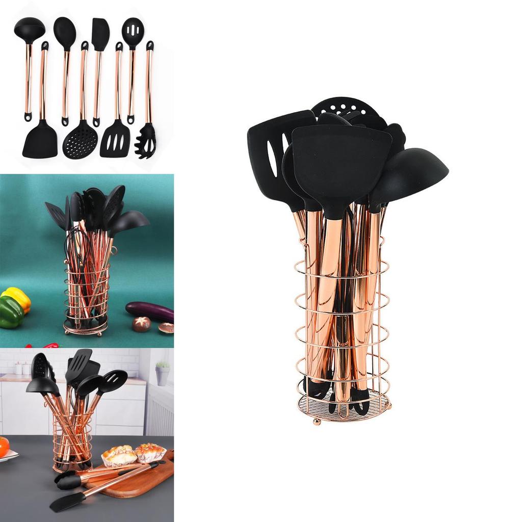 Mångsidigt Svart Silikon och Rostfritt Stål Köksredskapsset Tolvdelat Non-stick Matlagningsnödvändigheter