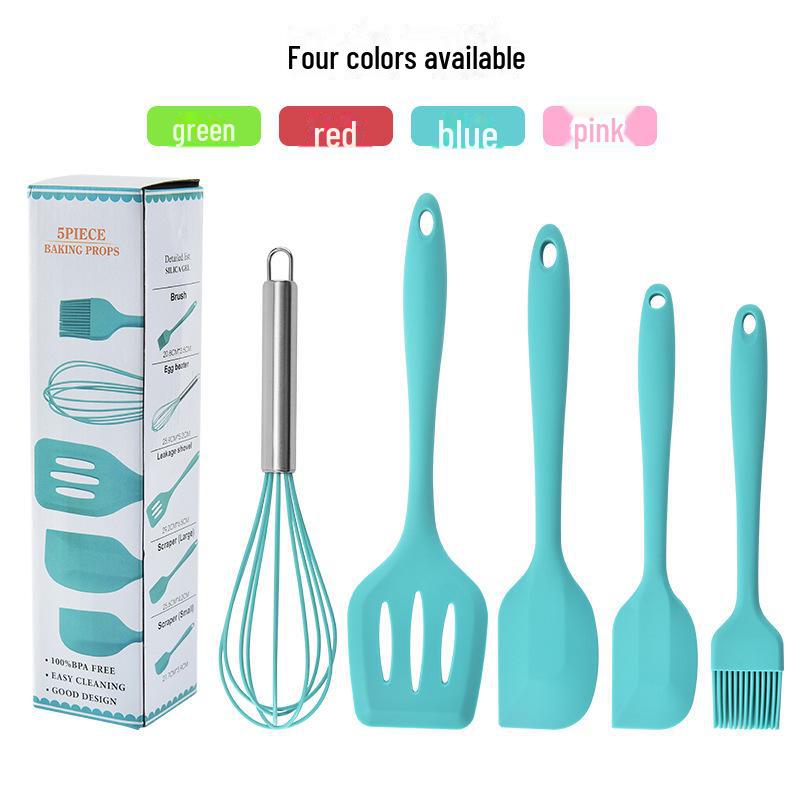 Five-Piece Silicone Kitchen Tool Set: Egg Beater, Scraper, Steak Frying Spatula, and Drain Spatula. Ideal for Baking and Cooking.