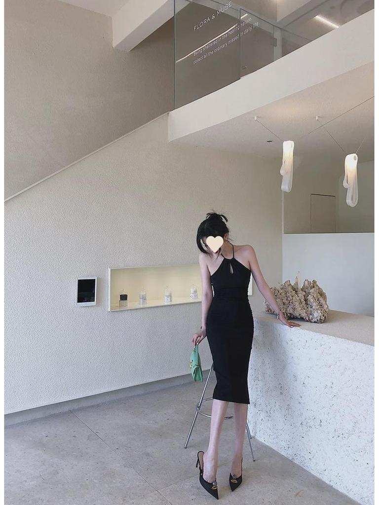 Black Off-Shoulder Halter Dress - Slim Waist & Long Skirt