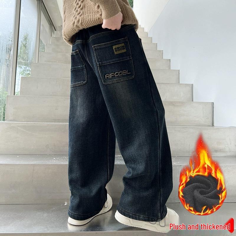 2025 Blugi pentru Băieți Mărimi Mari cu Căptușeală Fleece cu Croială Dreaptă pentru Adolescenți Supraponderali – Pantaloni Lungi de Primăvară și Toamnă Pantaloni la Modă