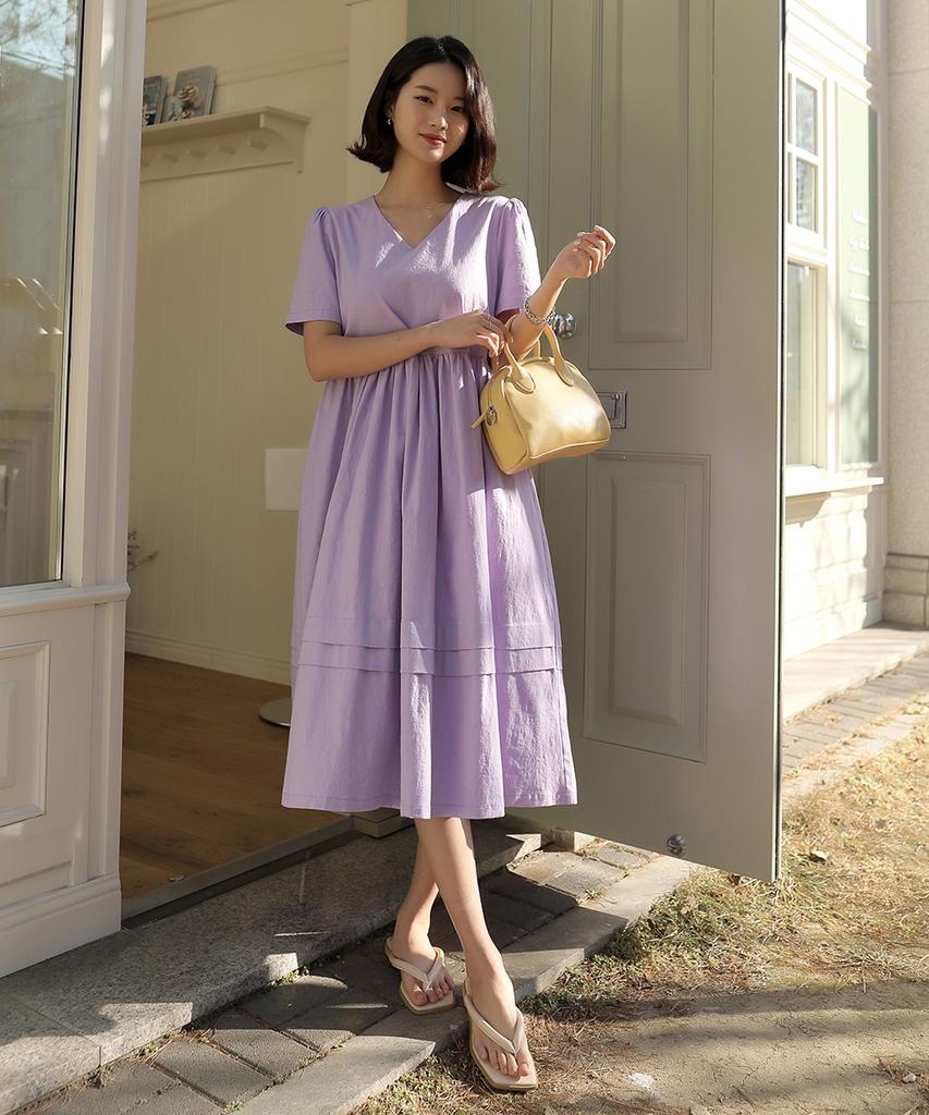 Ppaeppae V-Neck Fine Pleated Medium-Length Linen Dress