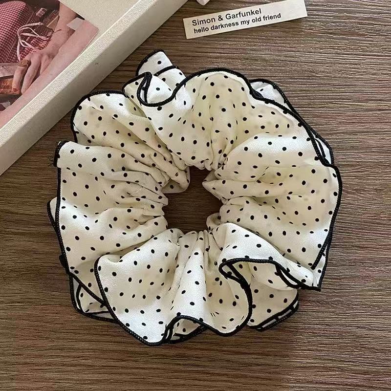 1pc Black and White Polka Dots Four-layer Pleated Large Intestine Hair Ring,simple and Elegant Head Flower Tied Ponytail and Bun