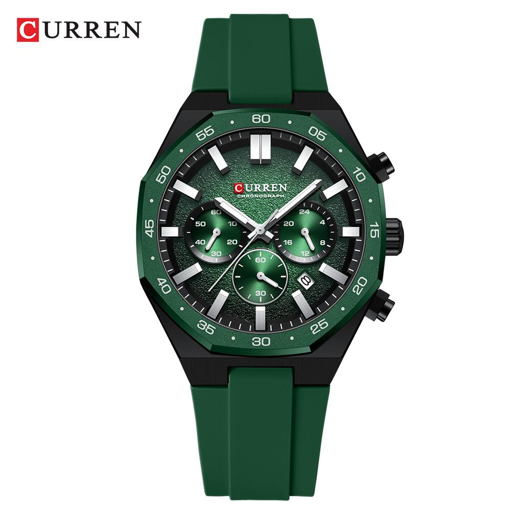 CURREN Men's Sports Chronograph Wristwatch with Black Silicone Band Auto Date Luminous Hands Quartz Watch for Men