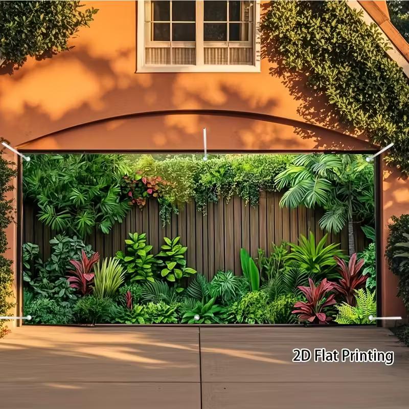 Vibrant Tropical Greenery Tapestry, Lush Jungle Plants with Wooden Fence Wall Hanging for Garage