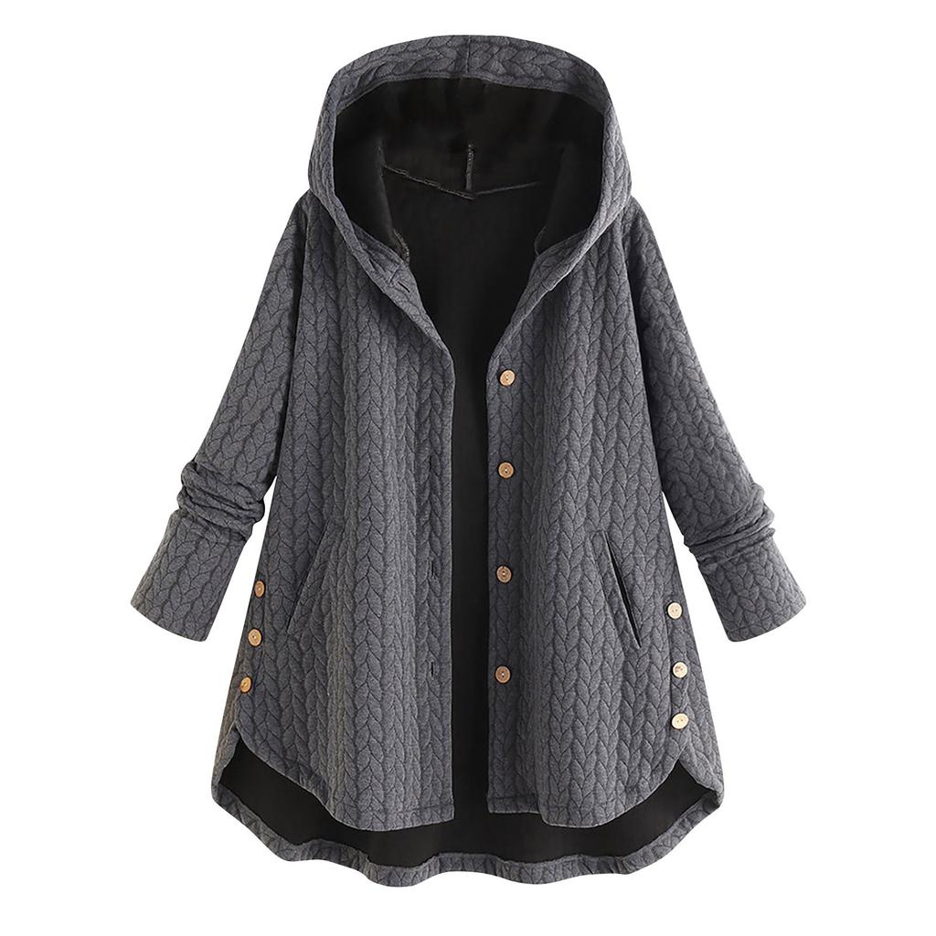 Women's Autumn/Winter Solid Colour Hooded Single-Breasted Irregular Cotton Jacket