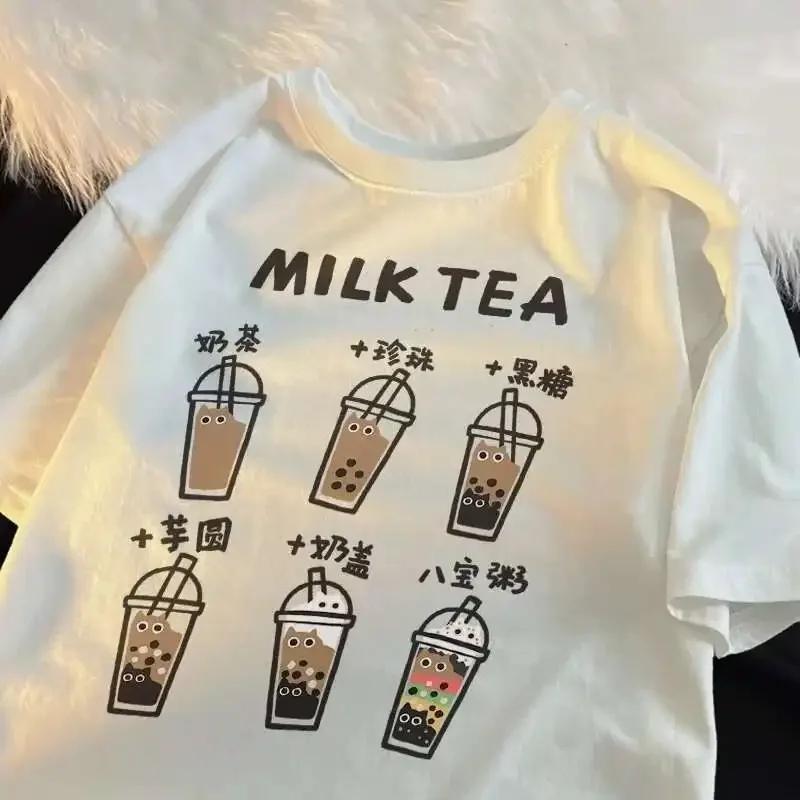 Cartoon Milk Tea Print Tee Summer Cute Bubble Tea Graphic Tshirt Kawaii Soft Tops for Women Daily Outfit Casual Summer Tee Shirt