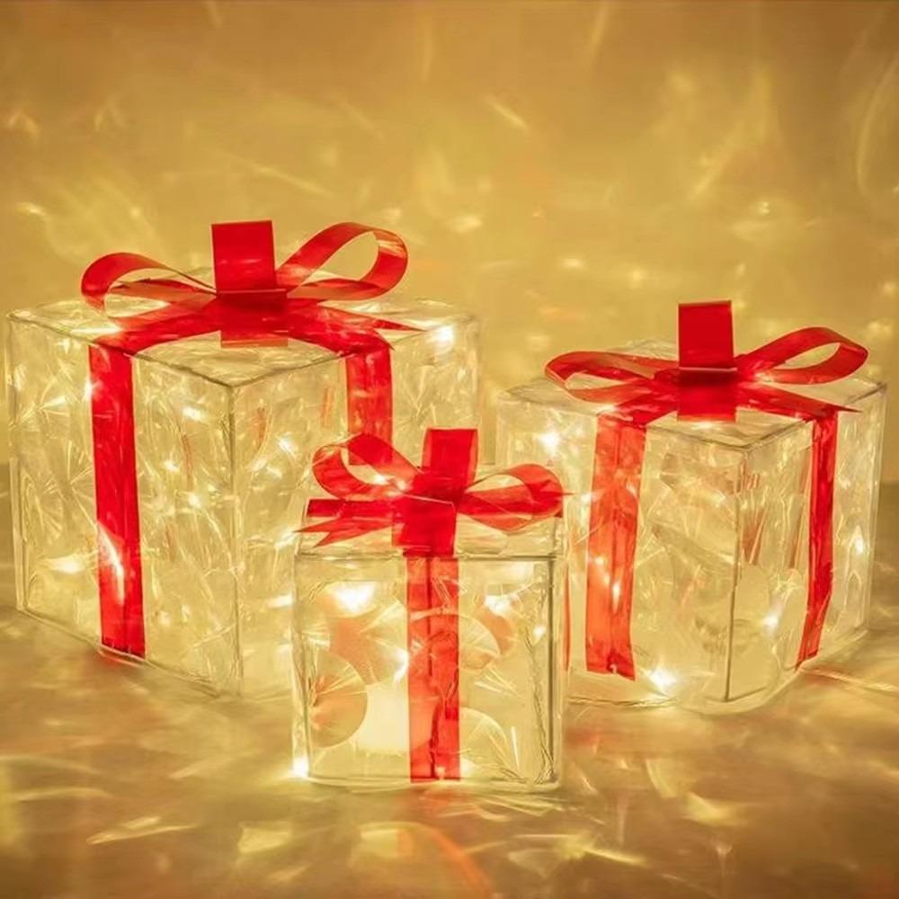 Conjunto de 3 Peças/Conjunto DIY Caixa de Presente de Natal em PVC Luminosa com Fita de Laço Caixa de Iluminação de Natal Caixas de Presente Dobráveis Iluminadas para Exterior
