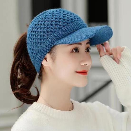 Knitted Hat Empty Top Plush Lining Casual Peaked Stretchy Keep Warm Solid Color Autumn Winter Women Sports Cap for Outdoor