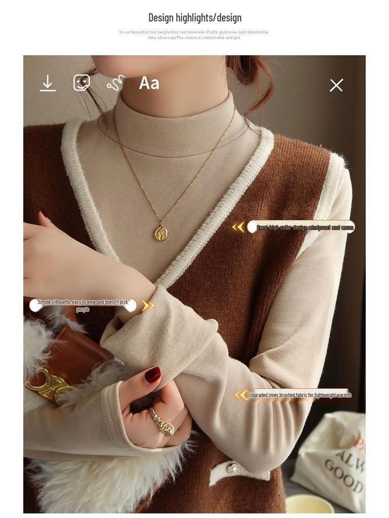Velvet Semi-High Neck Long Sleeve Women's Modal Base Layer T-Shirt - Slimming White Autumn/Winter Fashion Top