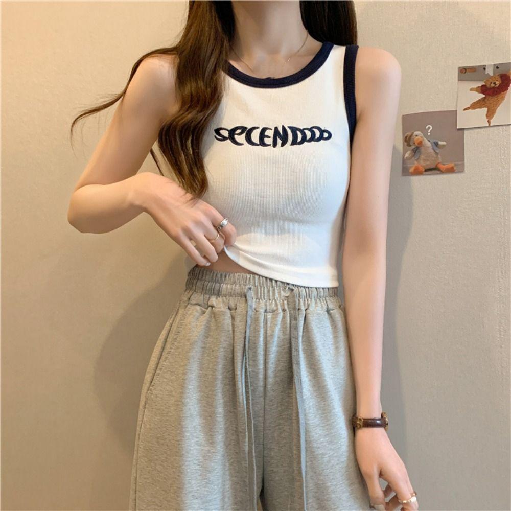 Letter Women's Knit Vest Top Sweet Sleeveless Camisole Fashion Slim Crop Top Travel
