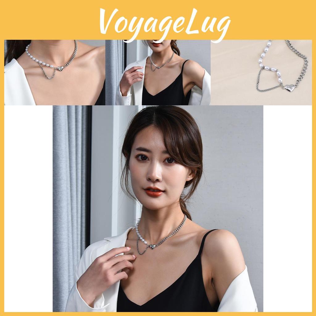 Elegant Titanium Steel Heart Pearl Necklace Unique Design Layered Choker For Women