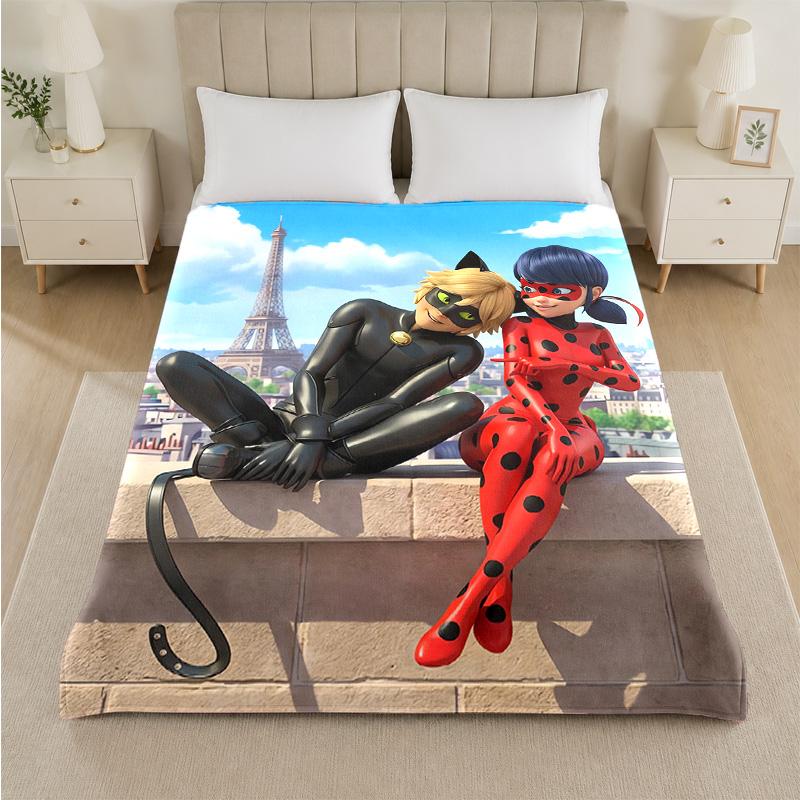 Miraculous Ladybug Print Flannel Blanket Cozy Warm Plush Throw Blanket For Bed Sofa Couch Indoor Household Use
