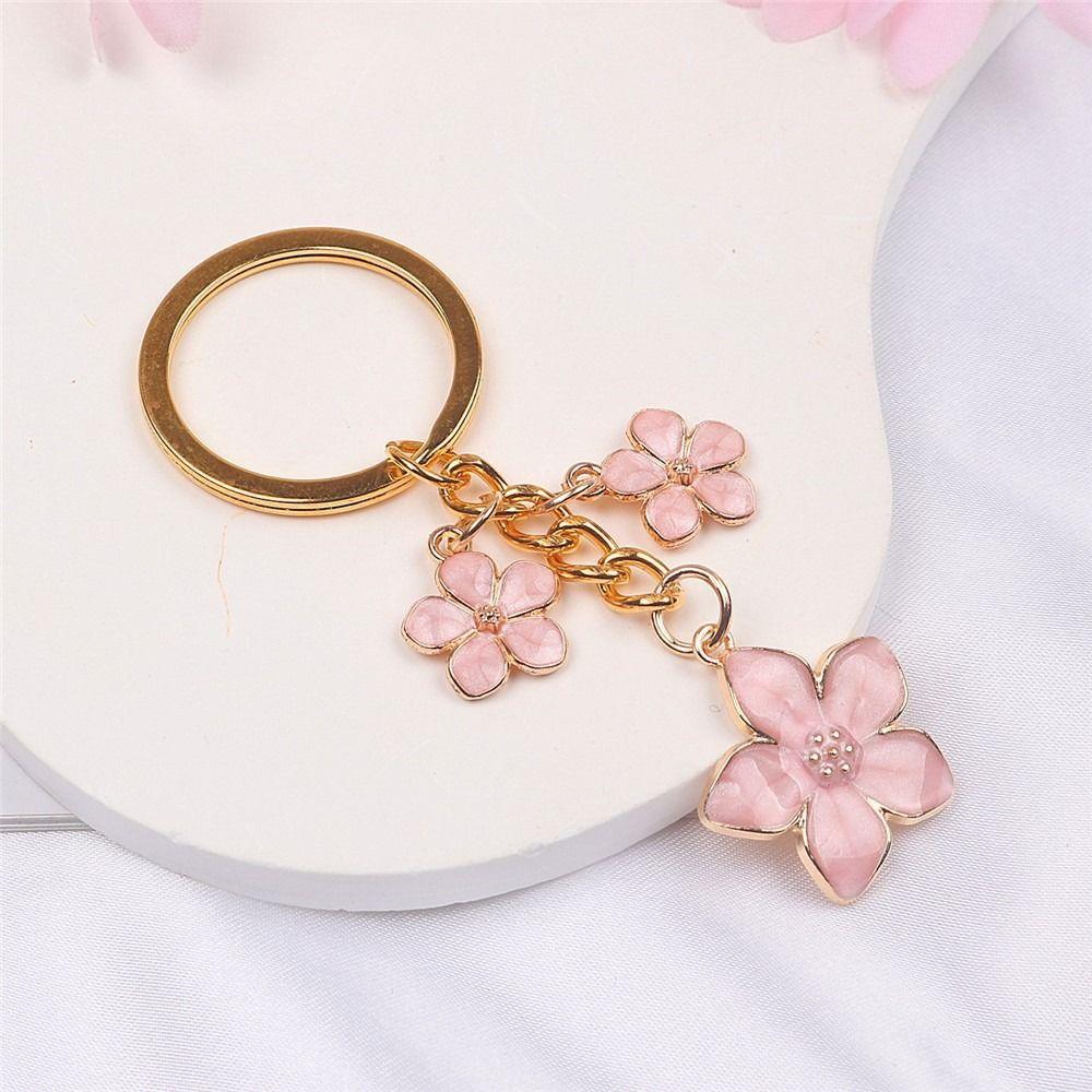 Alloy Cherry Blossom Keychain Enamel Coating Pearl Drop Keyring Lovely Flower Key Holder  Daily Use