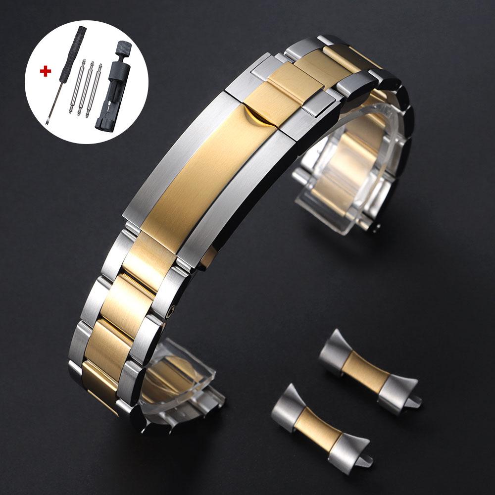 Luxury Curved Flat End Watch Strap 20mm 21mm 22mm Solid Stainless Steel Bracelet for Rolex for Oyster Metal Folidng Buckle Band
