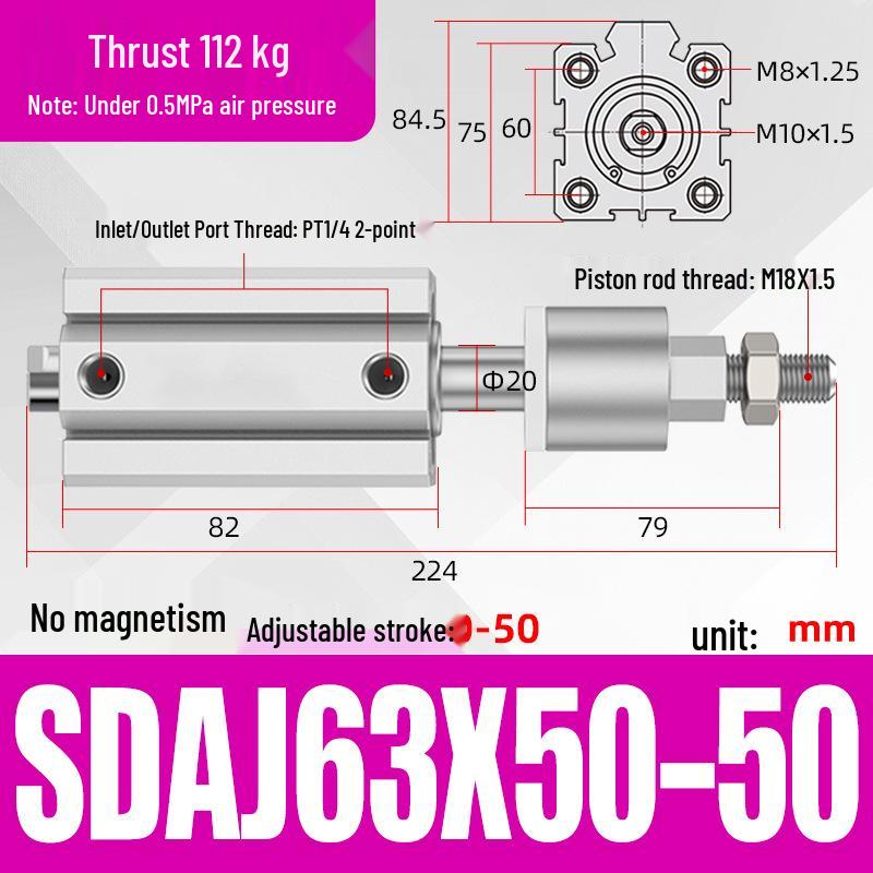 Adjustable Stroke Pneumatic Thin Cylinder - Piston Rod Sizes: 16/20/25/32/40/63