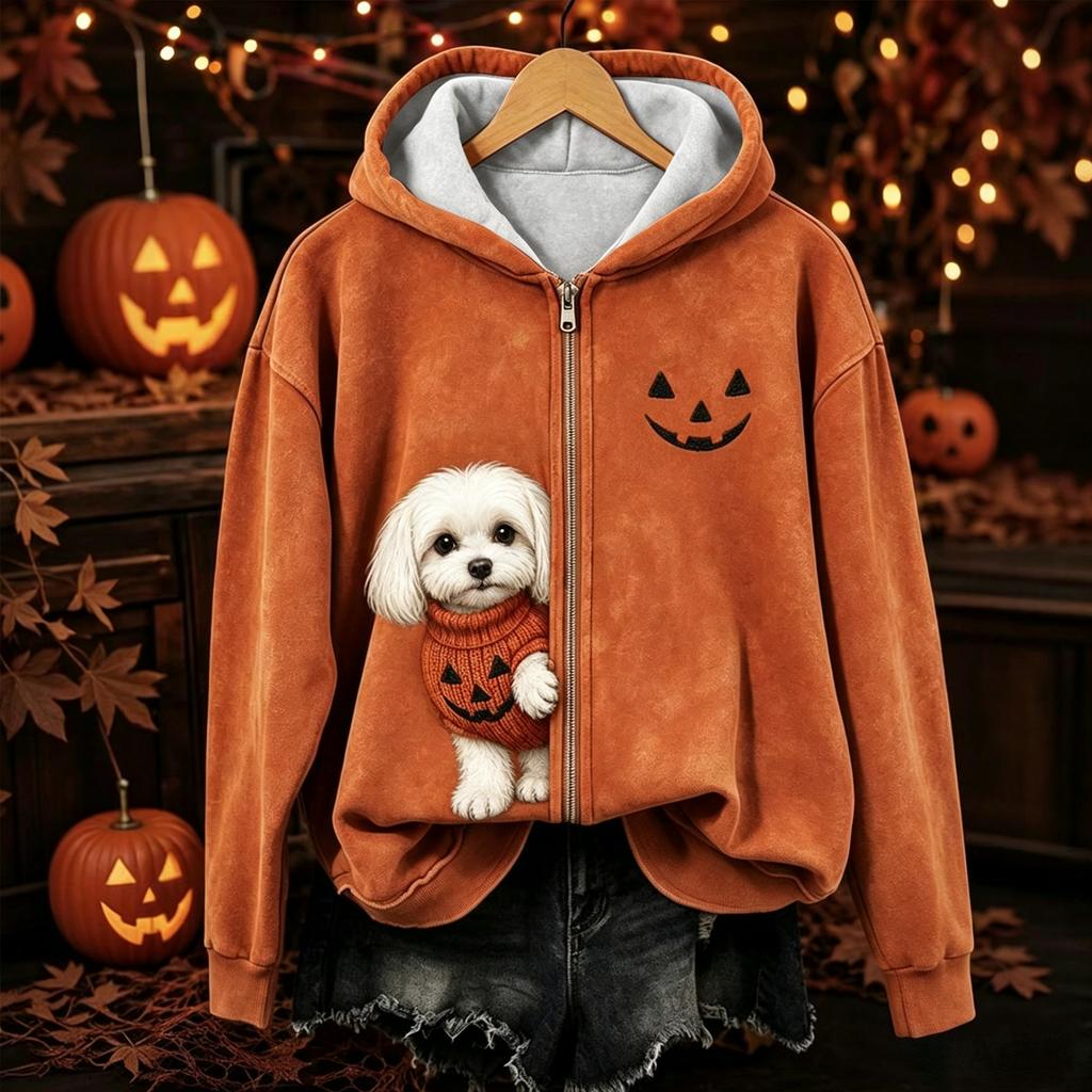 Women's Casual Halloween Printed Zip-Up Hoodie