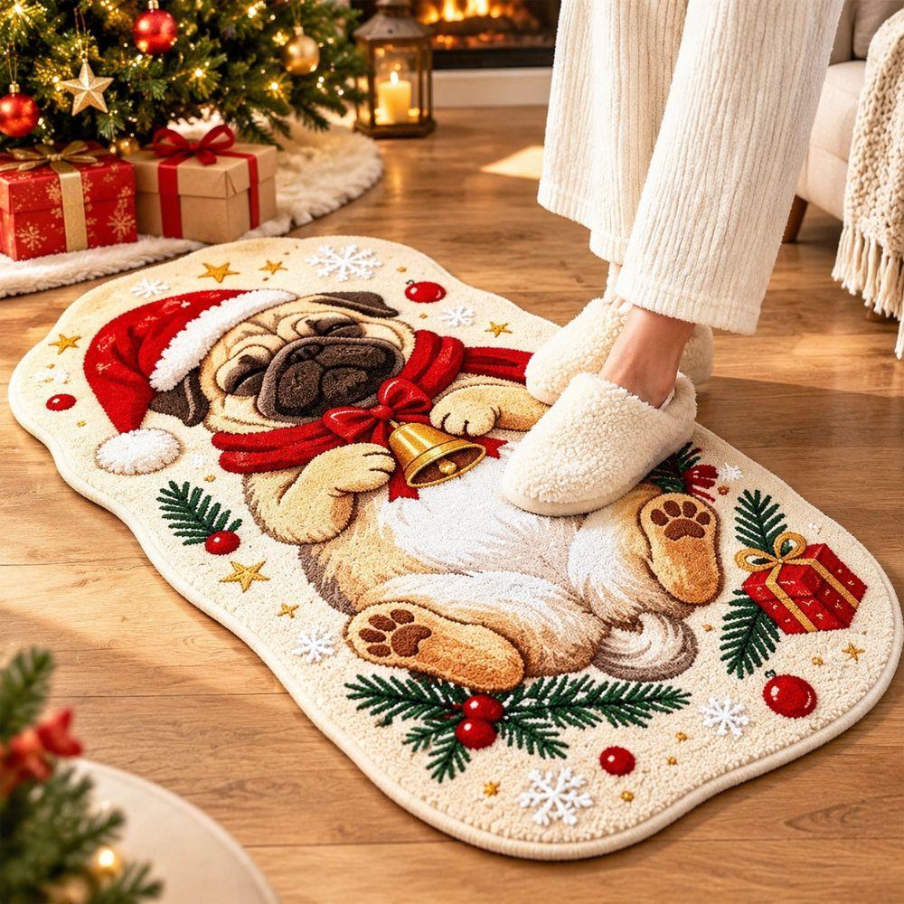 Soft Plush Cartoon Doormat Carpet Christmas Theme Pattern Cat Shaped Mat Entryway
