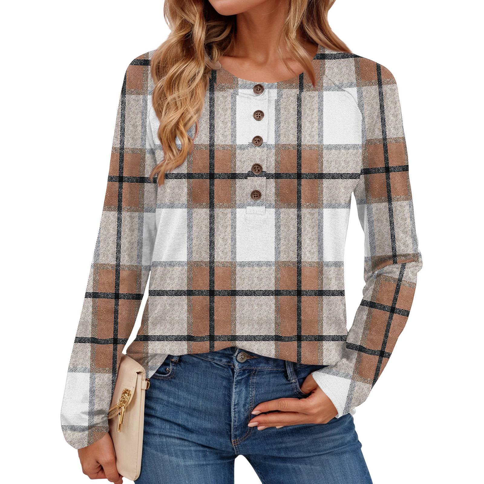 

Women s Fashionable Plaid Print Round Neck Long-sleeved Top XL білий