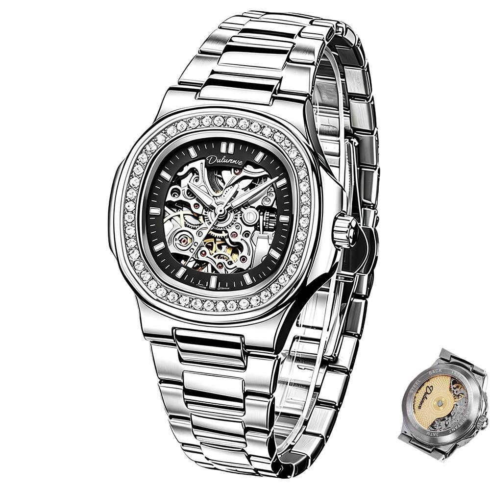 Skeleton Mechanical Watches Rose Gold Case Diamond Bezel Luminous Waterproof Fluororubber Strap Watch