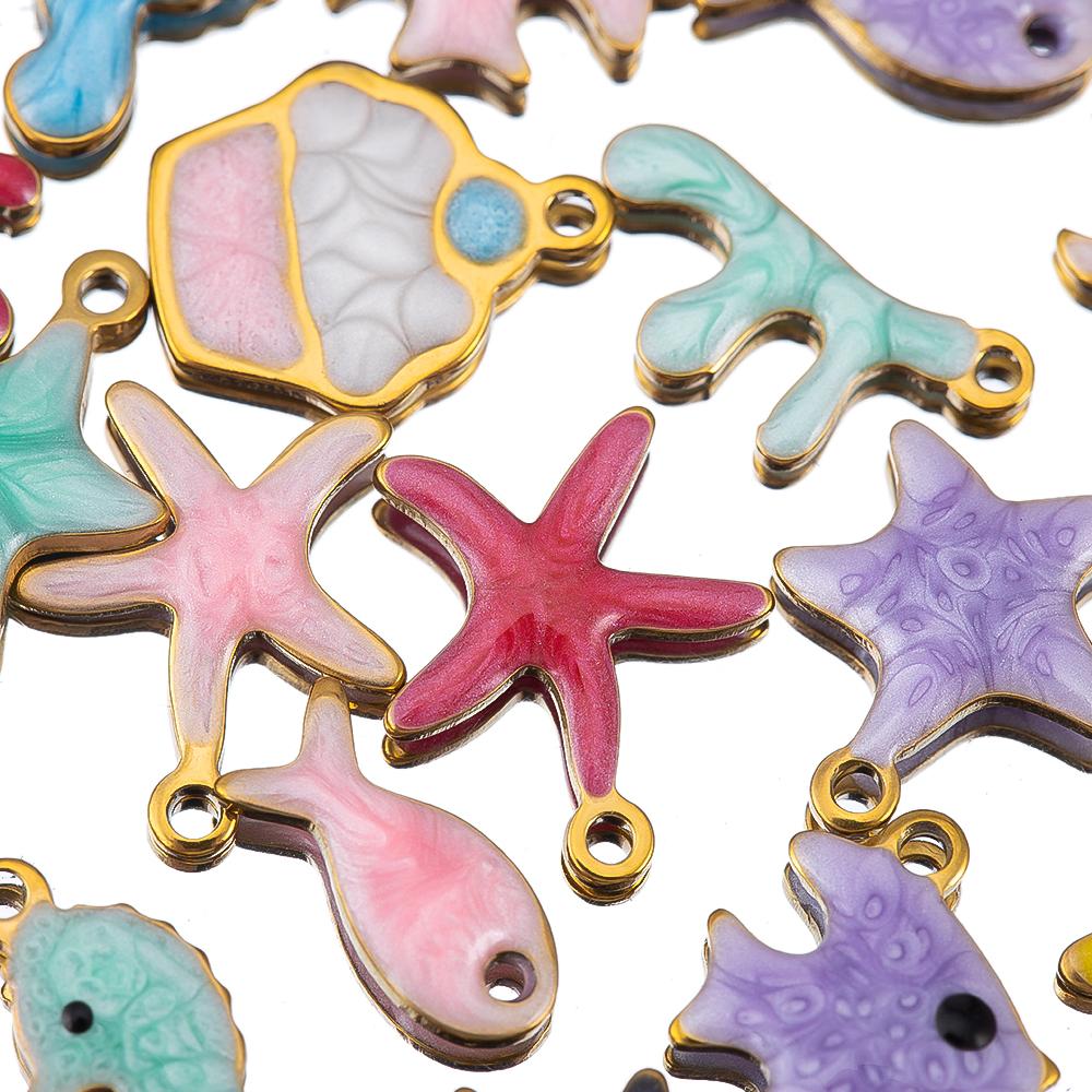 10pcs New Stainless Steel Colorful Marine Coral Starfish Fish Seaweed Charm Necklace Earring Pendant Base for DIY Jewelry Making