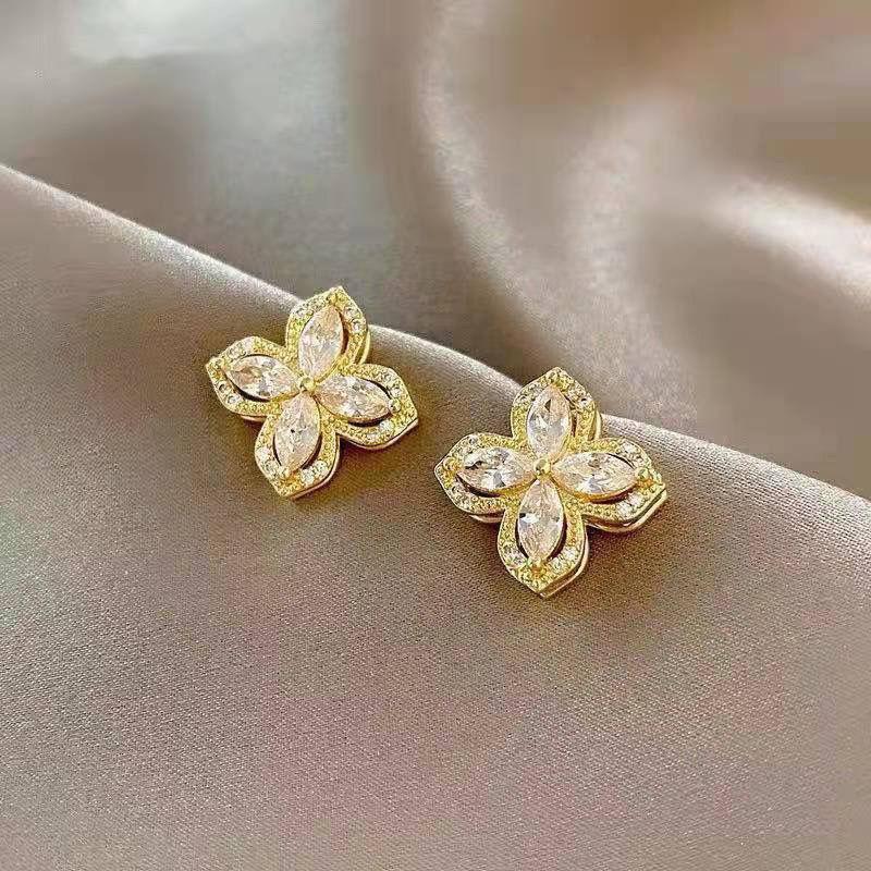 18K Gold Stainless Steel Rotatable Zircon Clover Flower Jewelry Set Earrings Necklace Ring for Women-for Wedding Gift