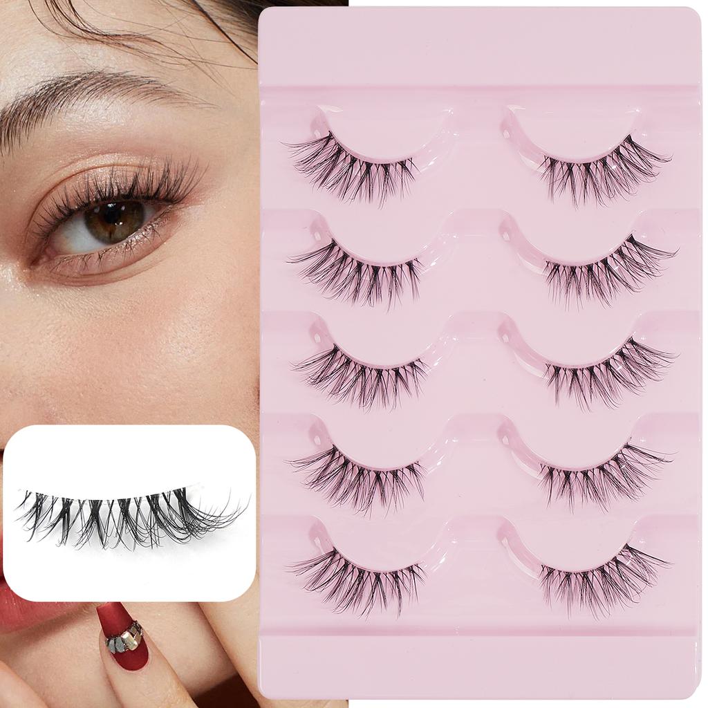 Half EyeLashes 5 Pairs Manga Lashes Clear Band Natural False Crisscross Eyelashes Wispy Short Cat Eye Eyelash Extension
