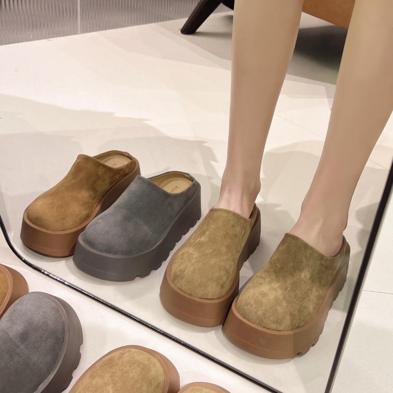 Leather thick-soled bag head half slippers women's new spring and autumn outer wear versatile casual height-increasing lazy slippers