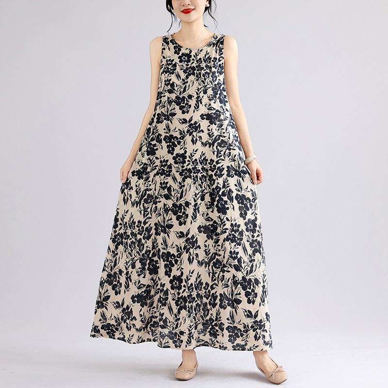 Sleeveless Plus Size Cotton Vintage Floral New In Dresses for Women Casual Loose Long Summer Dress