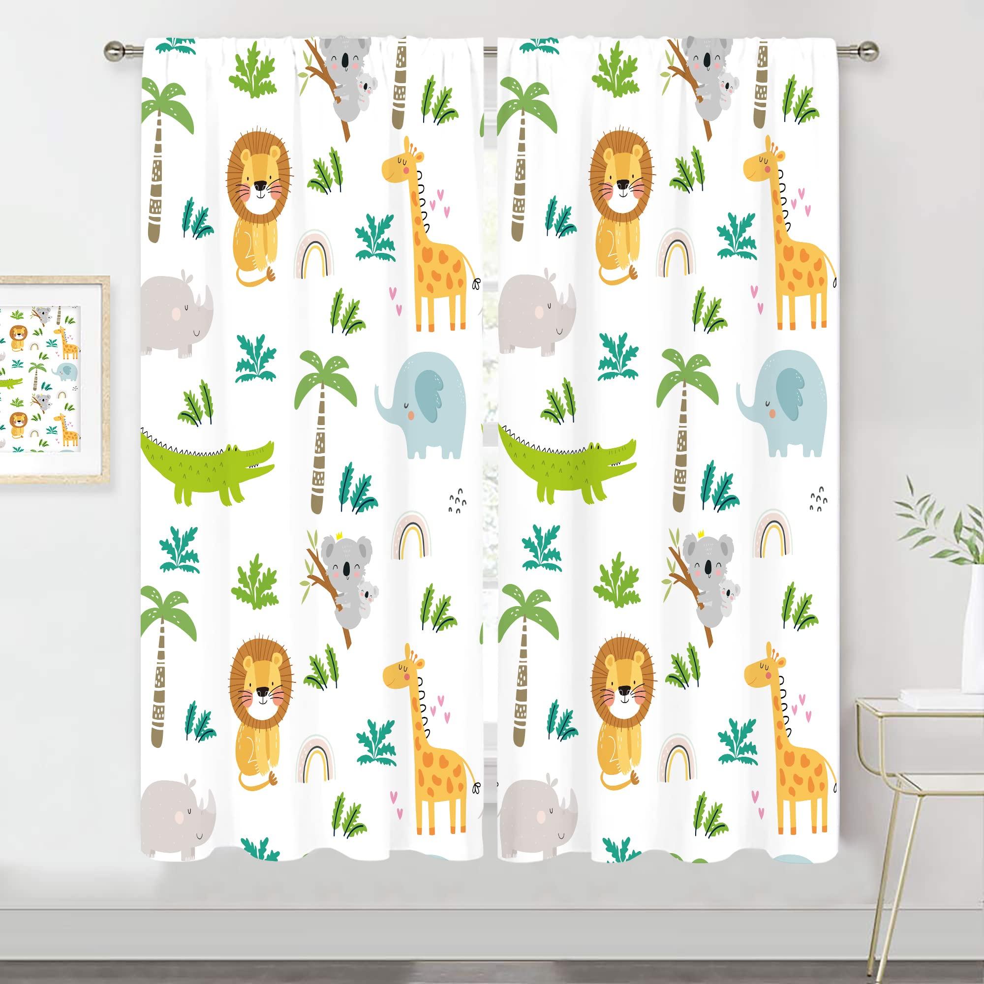 

Nursery Safari Animals Curtains Baby Boy Kids Woodland Jungle Forest Lion Printed Curtains for Living Room Bedroom Window Drapes W50H130(CM)x2pcs&HOOK