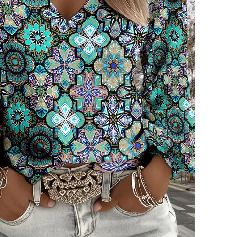 Lady Bohemian Retro Western Style V-Neck Shirt - Lantern Sleeve Top, suitable for casual wear, vacations and daily outfits