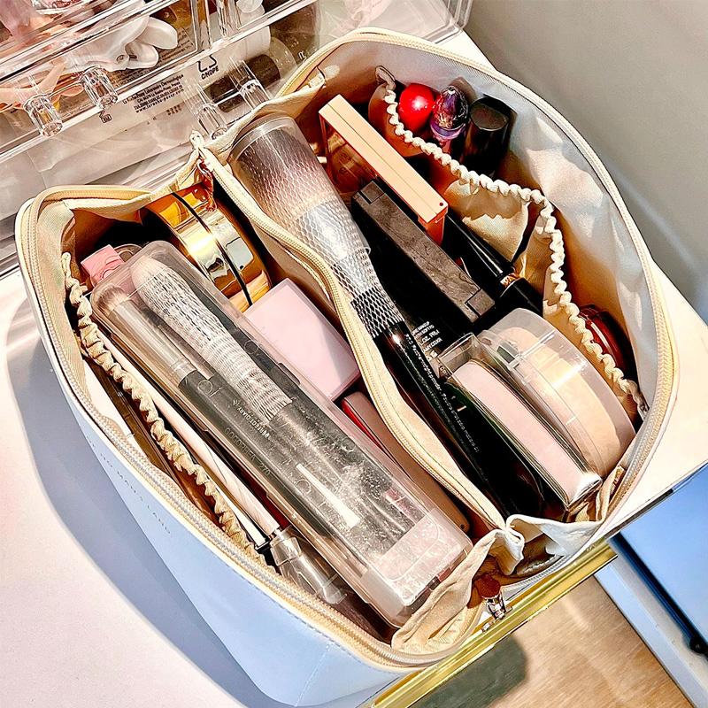 Trousse De Maquillage En Cuir PU Beige - 2 Compartiments Avec Porte-pinceaux - Légère Et Portable - 28x18cm
